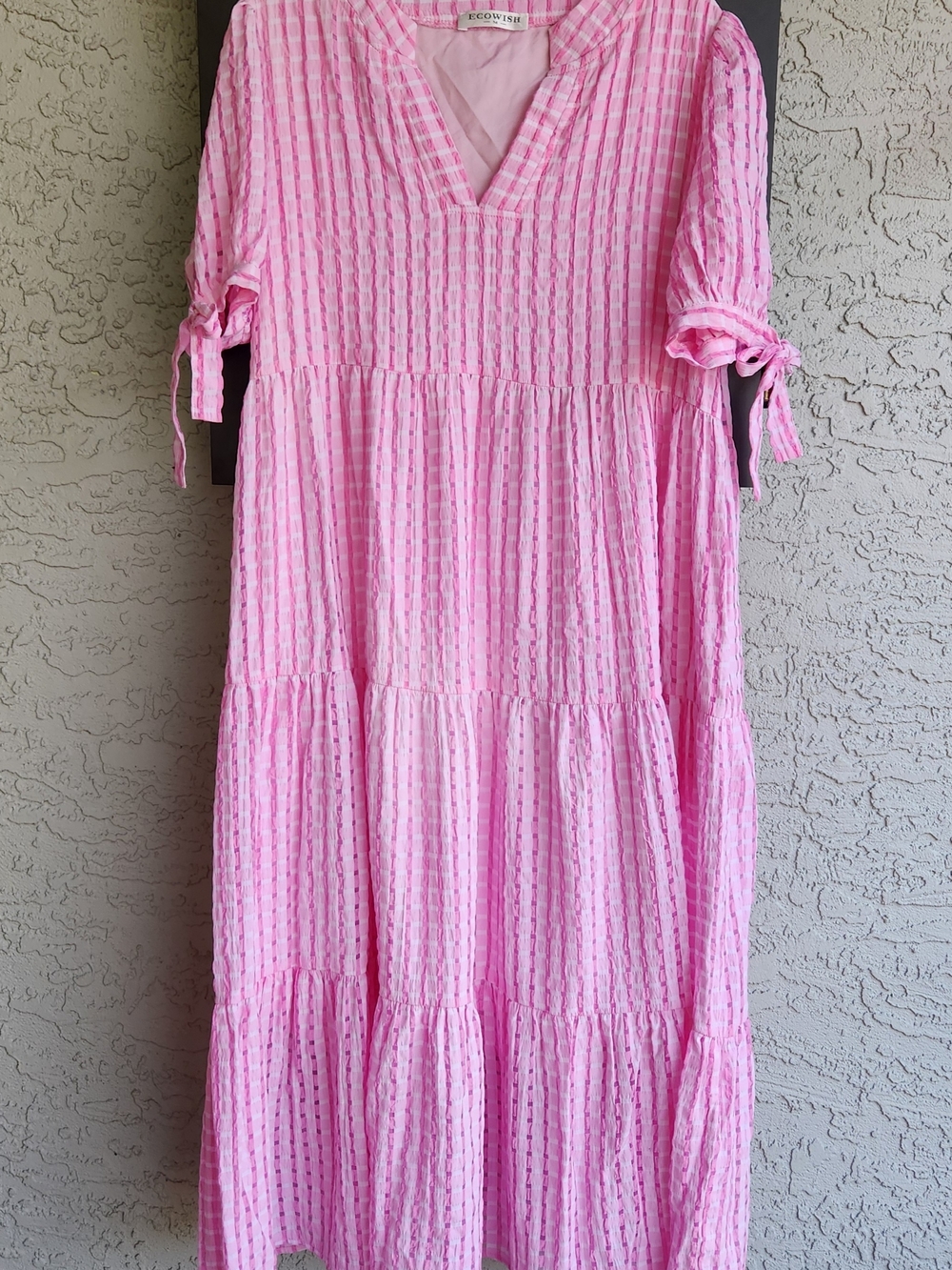 Women's EcoWish Pink Gingham Textured Tiered Midi Dress Size Medium Puff Sleeves